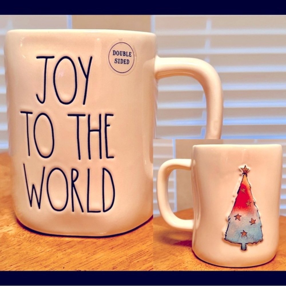 Rae Dunn JOY TO THE WORLD & Colorful Christmas Tree Double Sided Mug BRAND NEW!!